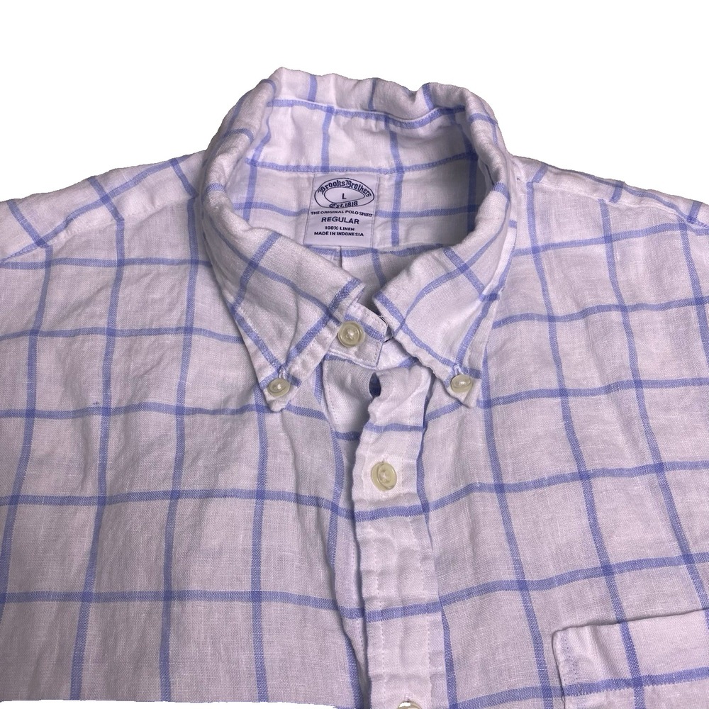 Brooks Brothers 1818 Shirt L Mens S/S Baird McNutt Linen White Blue Check VGUC
